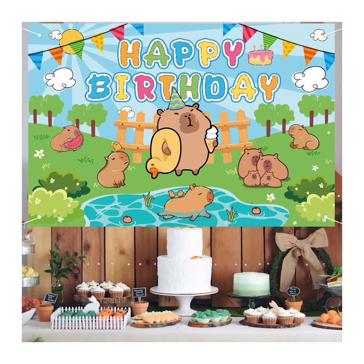 Süßer Capybara Geburtstagshintergrund im Querformat, Cartoon-Tier-Poster für Kinder in Blau und Mehrfarbig - Bild 2