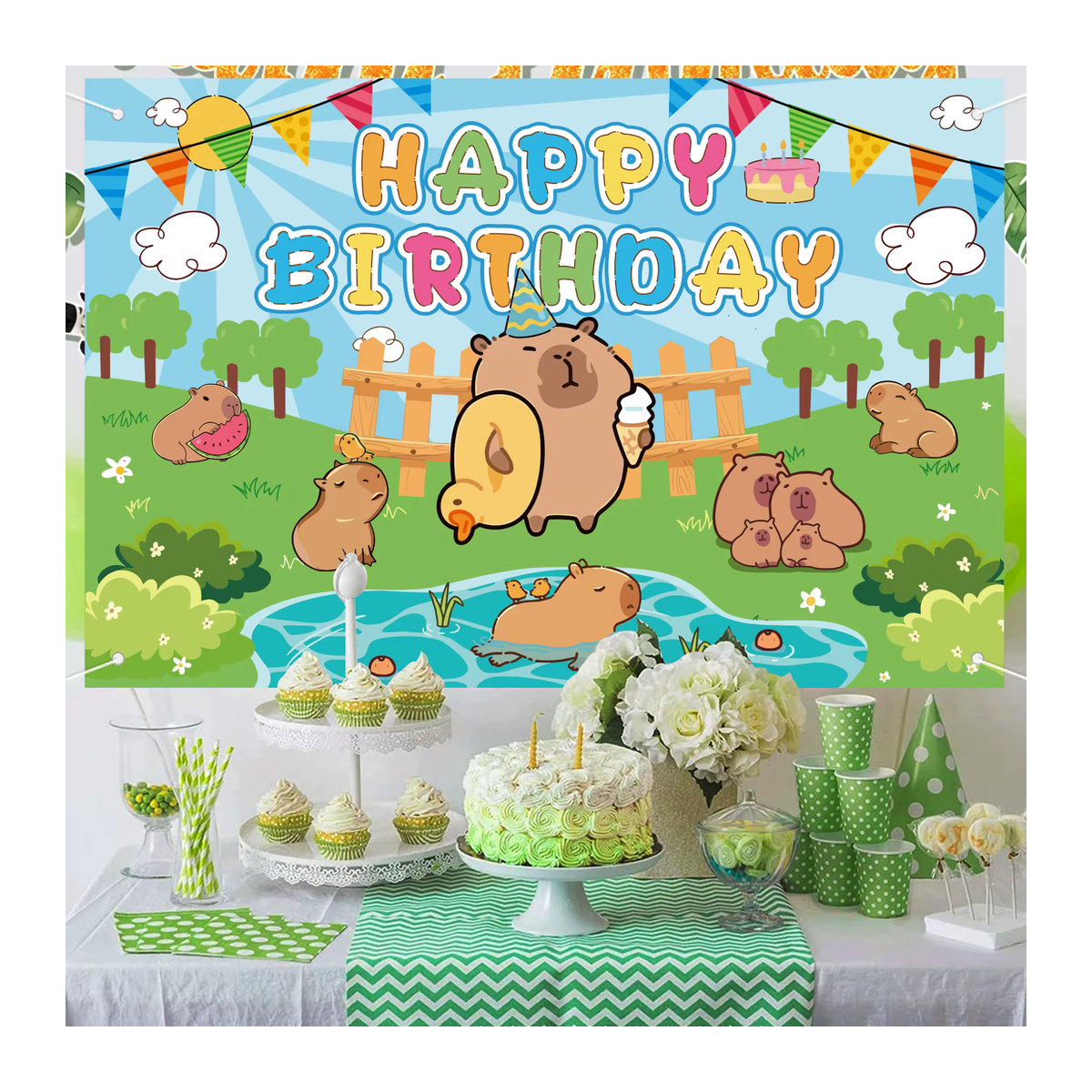 Süßer Capybara Geburtstagshintergrund im Querformat, Cartoon-Tier-Poster für Kinder in Blau und Mehrfarbig - Bild 4