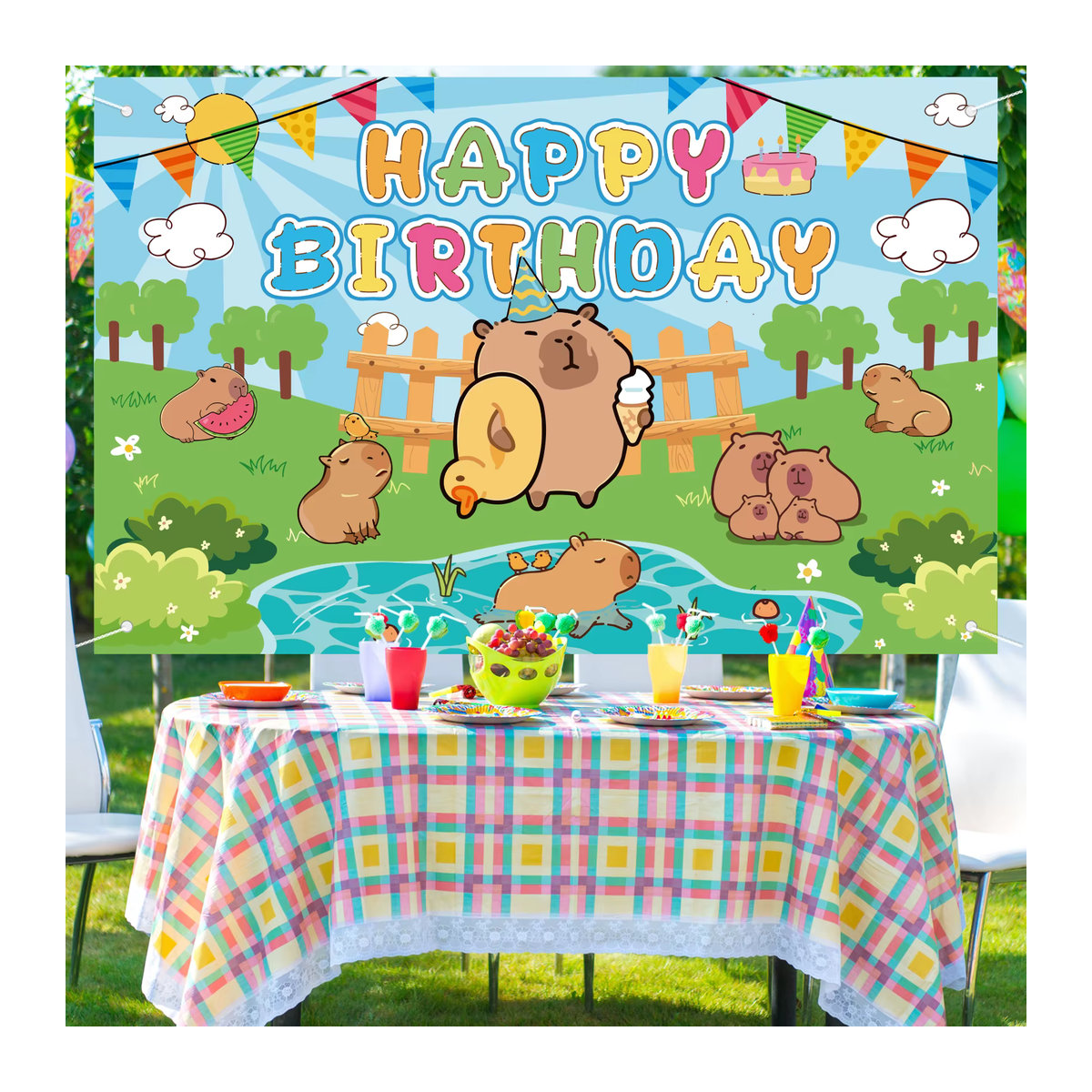 Süßer Capybara Geburtstagshintergrund im Querformat, Cartoon-Tier-Poster für Kinder in Blau und Mehrfarbig - Bild 6