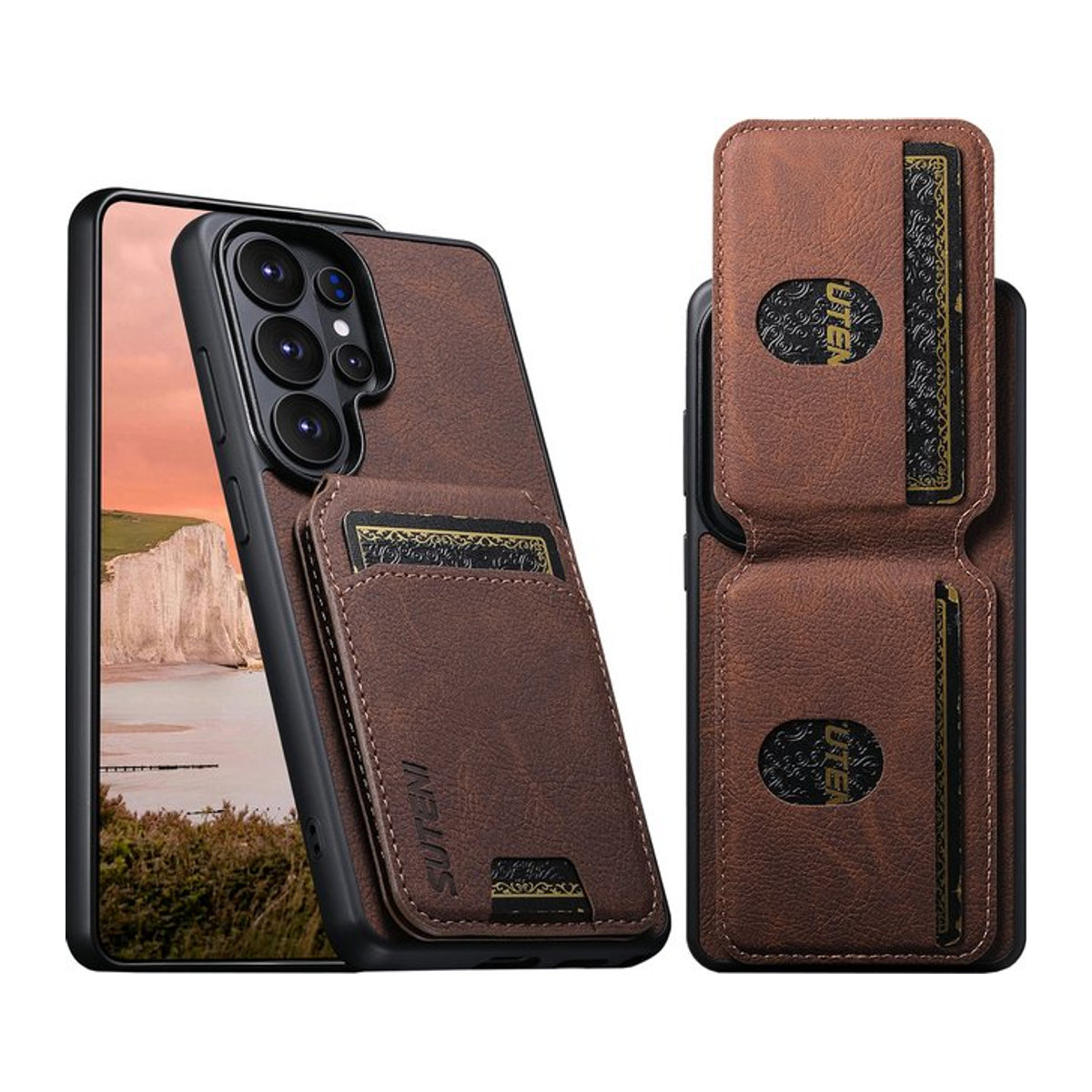 SUTENI Luxus Kunstleder Handyhülle mit Kartenhalter und Standfunktion für Samsung Galaxy S26 Ultra S25 Plus S24 S23 S22 Note20 Ultra in Blau oder Braun - Bild 1