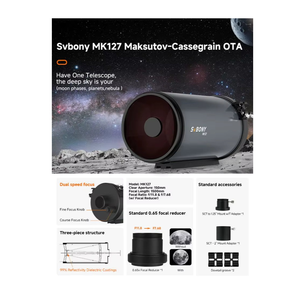 Svbony MK127 Maksutov-Cassegrain-Teleskop OTA mit 127 mm Öffnung und f/11,8 für die Beobachtung von Mond, Planeten und Nebeln - Bild 5