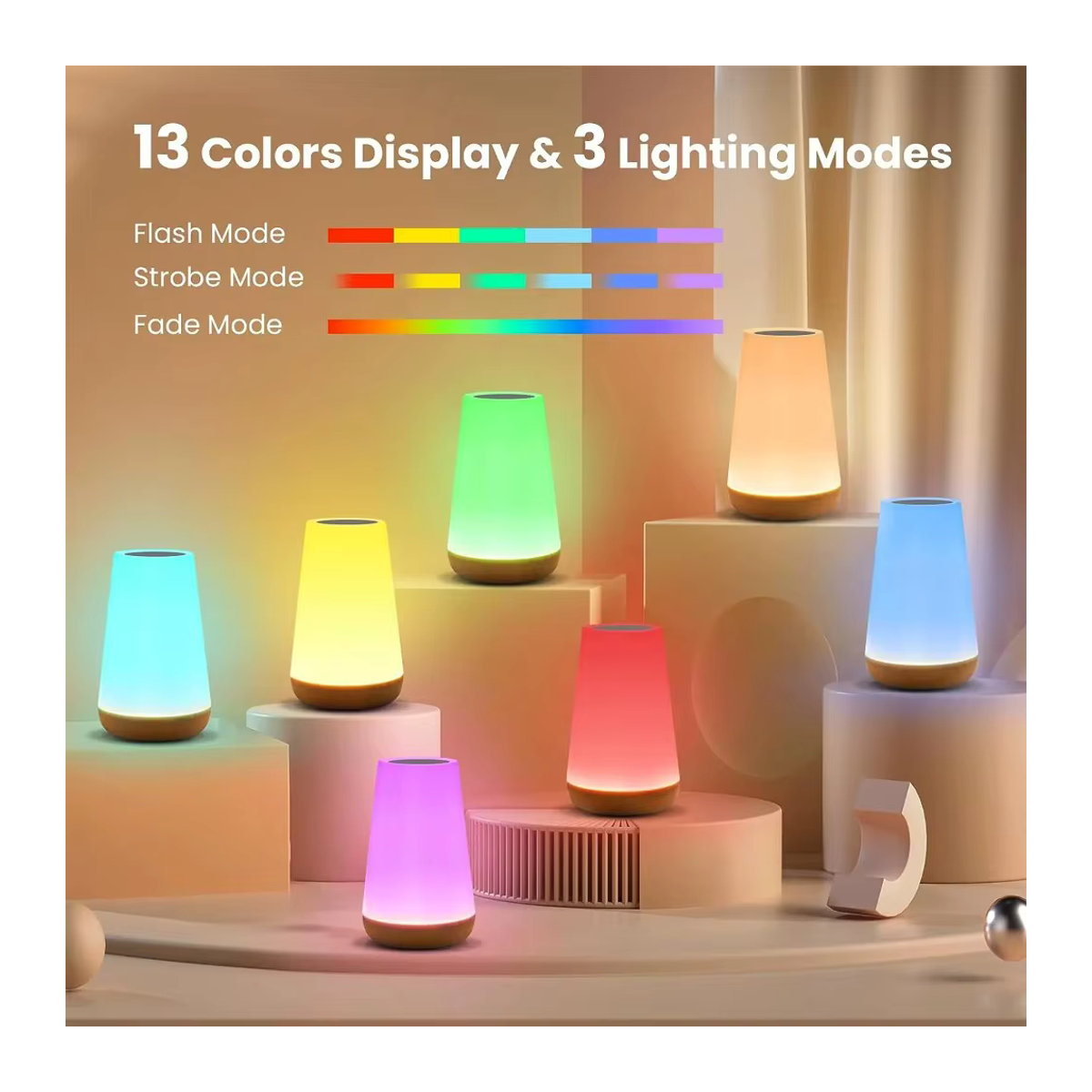 Swiatla RGB LED Nachtlicht mit 13 Farbwechseln, dimmbar und wiederaufladbar, bunt, minimalistisches Design mit Fernbedienung und Touch-USB-Steuerung - Bild 2
