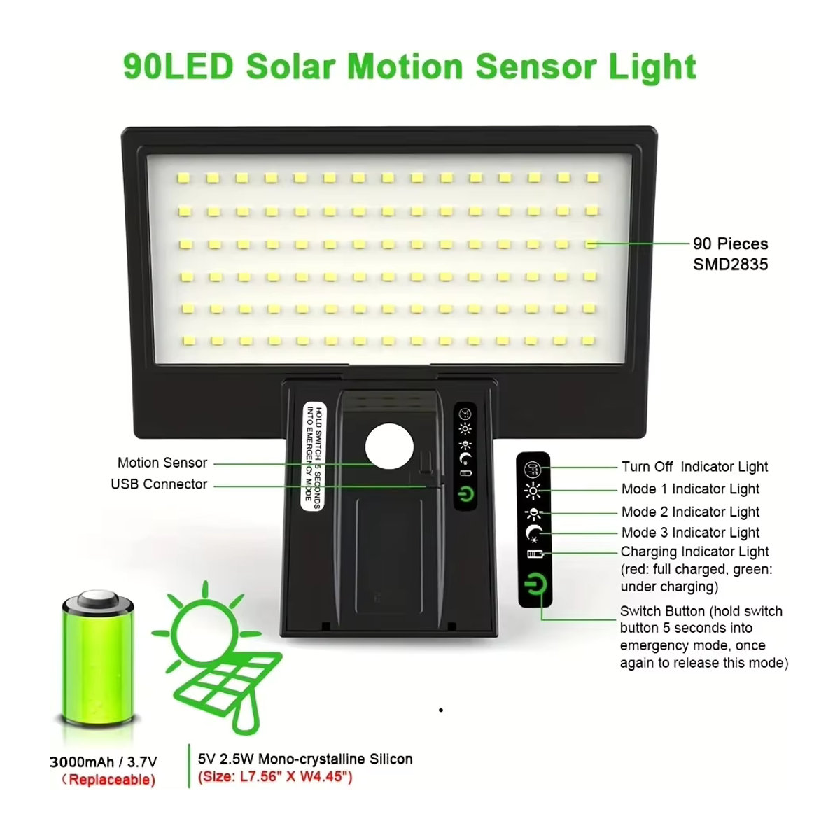 Swiatla Solar-Außenstrahler mit Bewegungsmelder und 90 LEDs in Schwarz, wasserdichte LED-Wandleuchte mit 4 Modi für Garten und Hof - Bild 6