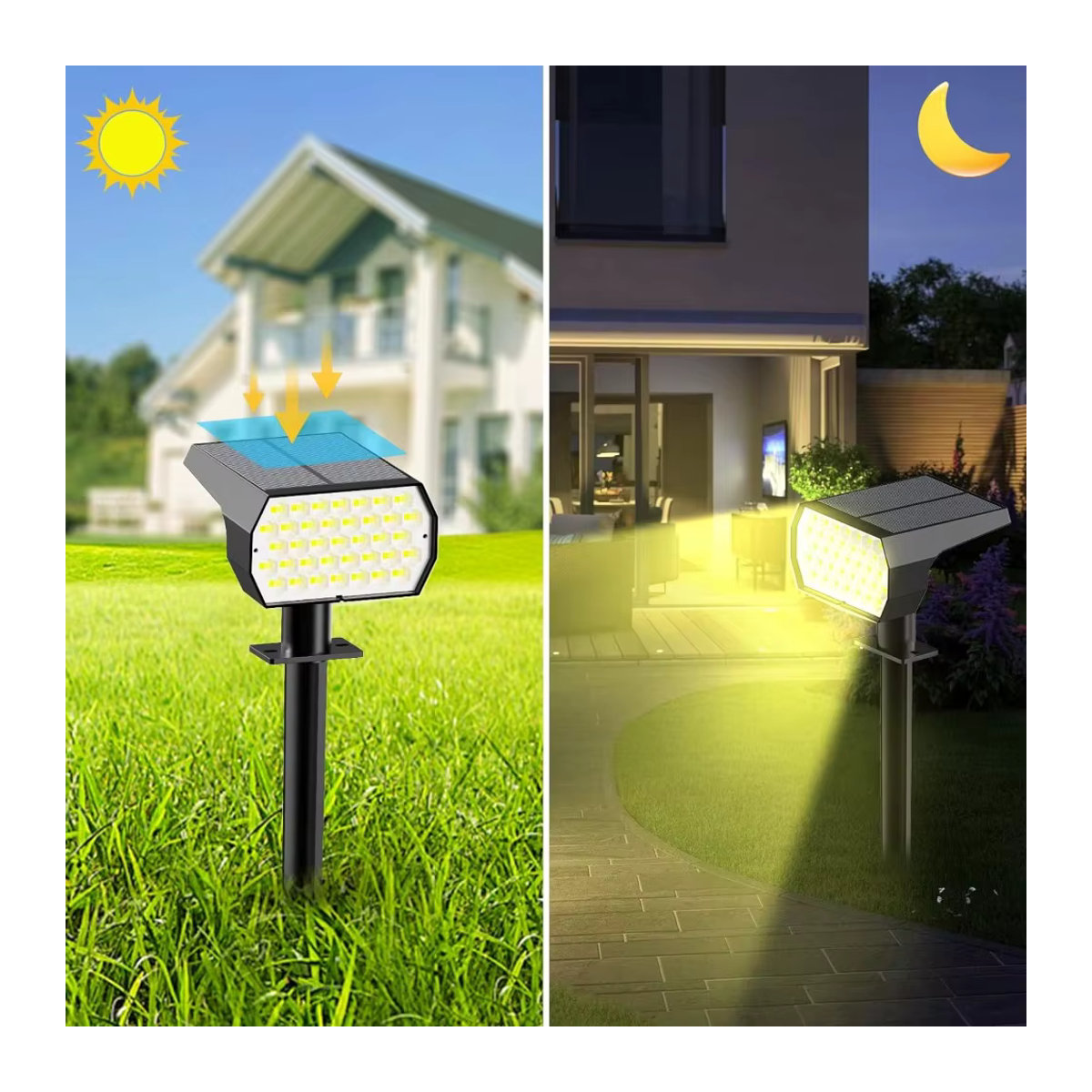 Swiatla Solarleuchte mit 74 LED und 3 Farben, IP65 wasserdicht, moderne 2-in-1 Landschaftsbeleuchtung für Garten und Wege, Schwarz - Bild 2