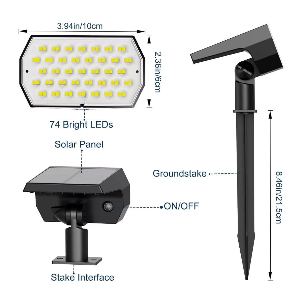 Swiatla Solarleuchte mit 74 LED und 3 Farben, IP65 wasserdicht, moderne 2-in-1 Landschaftsbeleuchtung für Garten und Wege, Schwarz - Bild 6