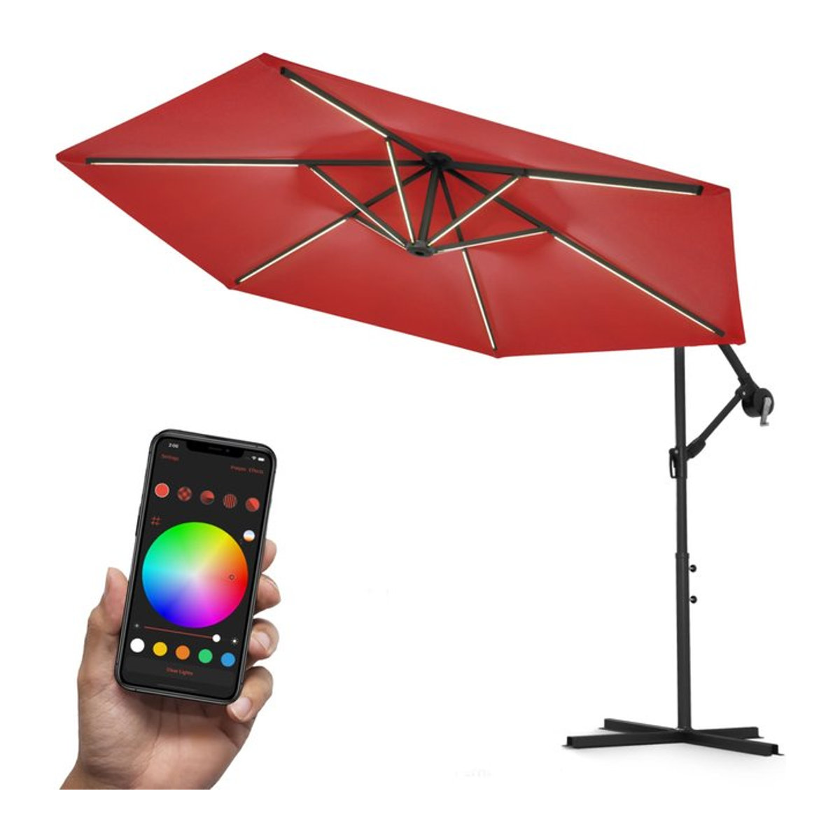 Swing&Harmonie® Luxus LED Ampelschirm mit RGB Beleuchtung, Fernbedienung und App-Steuerung, Farbe: Rot, Durchmesser: 300 cm - Bild 1