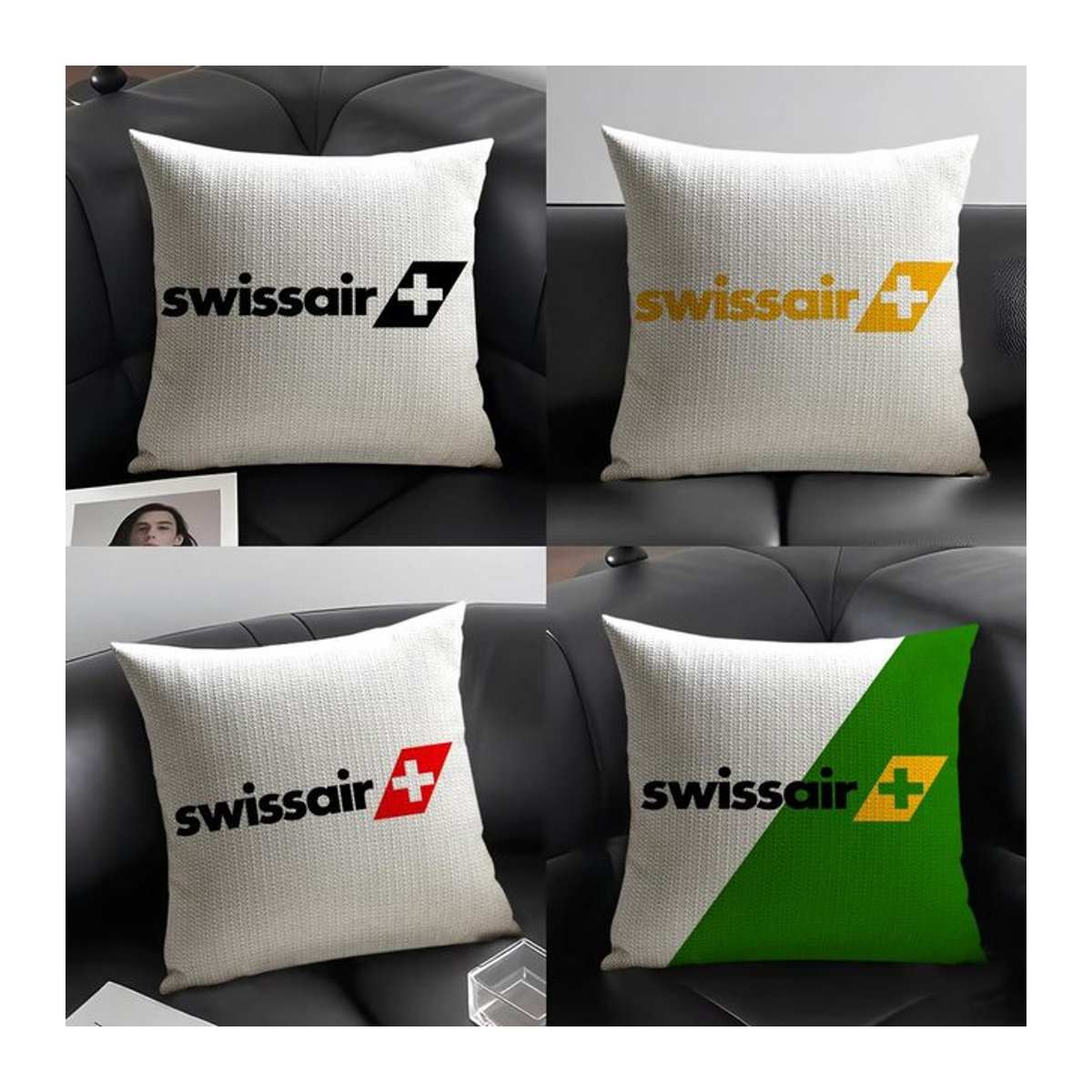 Swiss Airlines Kissenbezug aus atmungsaktivem Bio-Leinen in Weiß mit doppelseitigem Druck - Bild 1