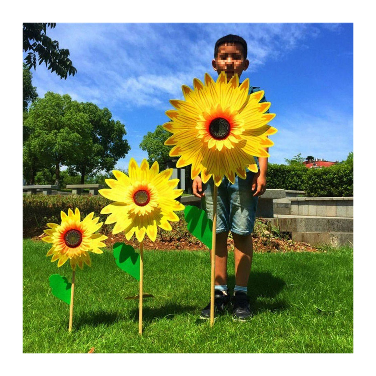 SXbaifen Sonnenblumen Windrad mit Pfahl für den Garten als bunte Deko für Rasen und Outdoor-Partys in Gelb - Bild 5