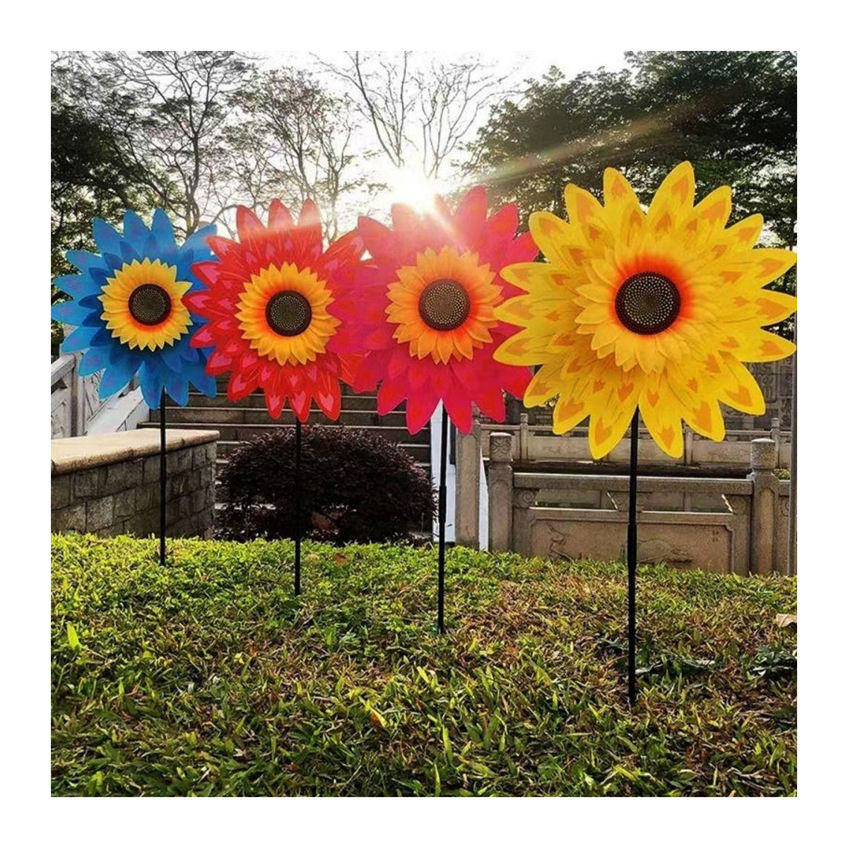 SXbaifen Sonnenblumen Windrad mit Pfahl in Bunt zur Dekoration für Garten und Rasen - Bild 2