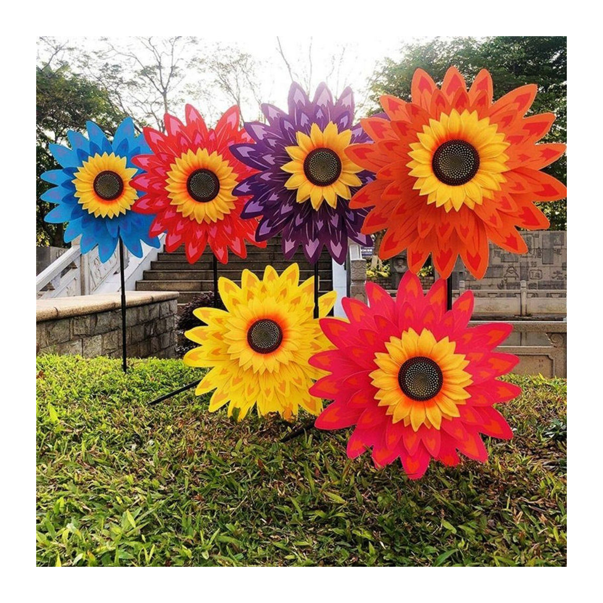 SXbaifen Sonnenblumen Windrad mit Pfahl in Bunt zur Dekoration für Garten und Rasen - Bild 3