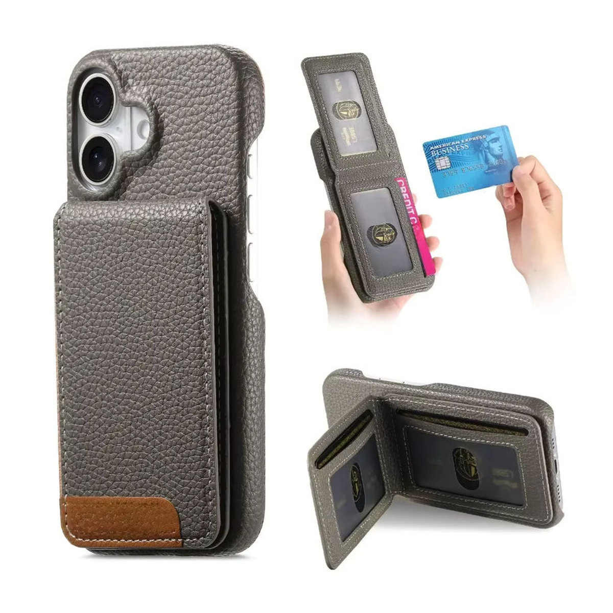 szHAIyu Handyhülle aus PU-Leder mit Brieftaschen-Funktion und Kartenhalter für iPhone 11 bis iPhone 16 Pro Max in Beige und Grau - Bild 5