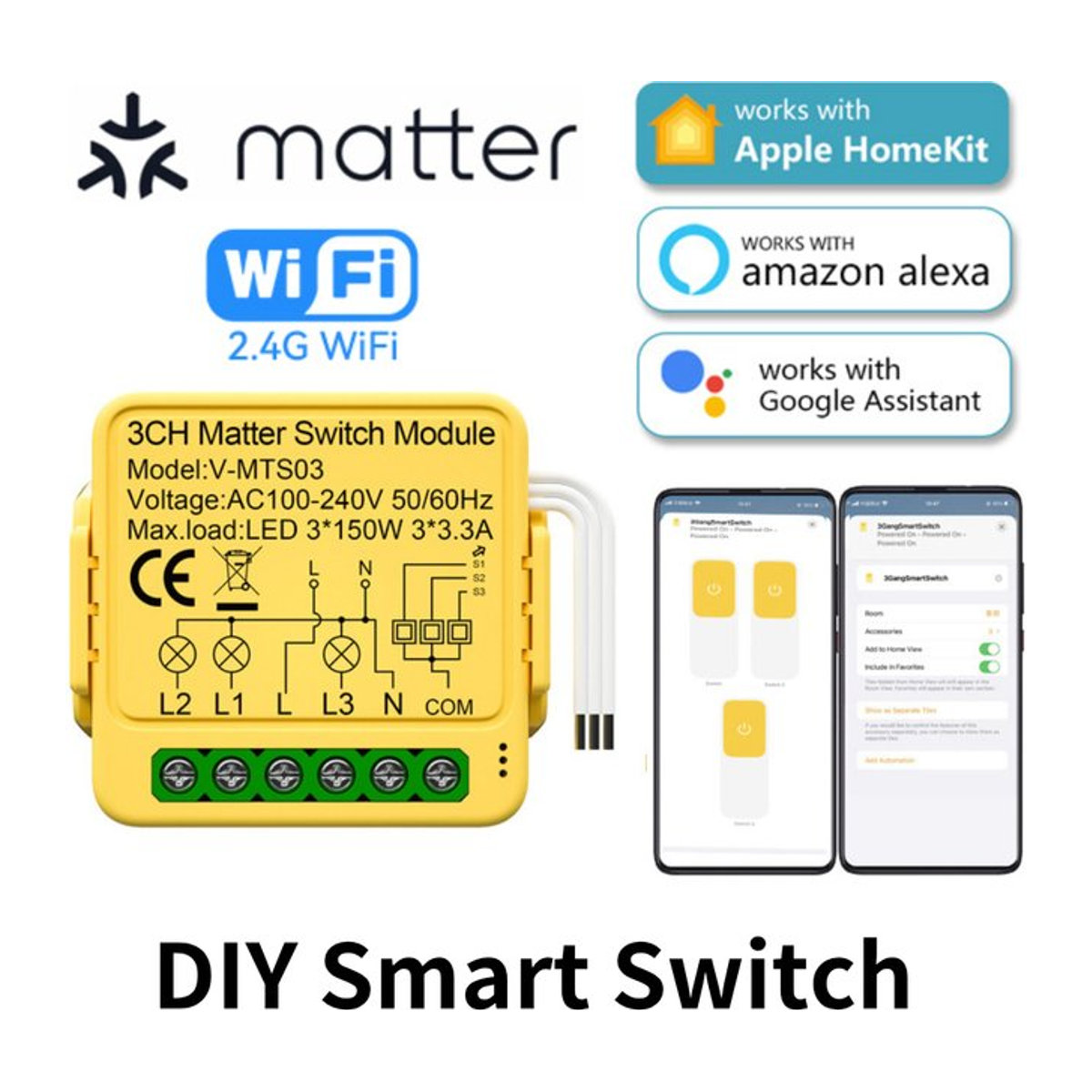 SZKOSTON Smart Matter WiFi Switch 16A Relaismodul für Smart Home Automation in Gelb, kompatibel mit Siri Homekit, Smartthings, Alexa und Google - Bild 1