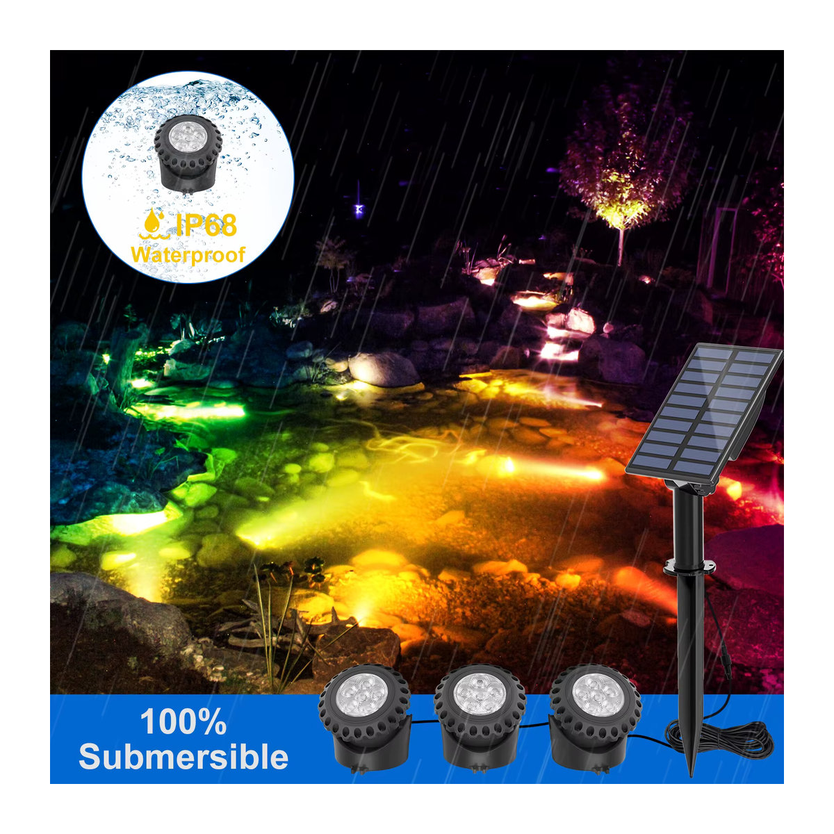 T-SUNRISE RGB Solar LED Unterwasserlicht IP68 wasserdichter Außenstrahler für Pool und Garten in Bunt - Bild 3