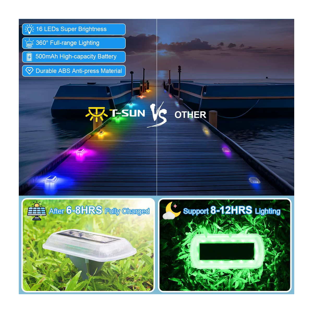 T-SUNRISE RGB Solar Schrittleuchte für Außen mit 8 LED Modi in Bunt - Bild 2