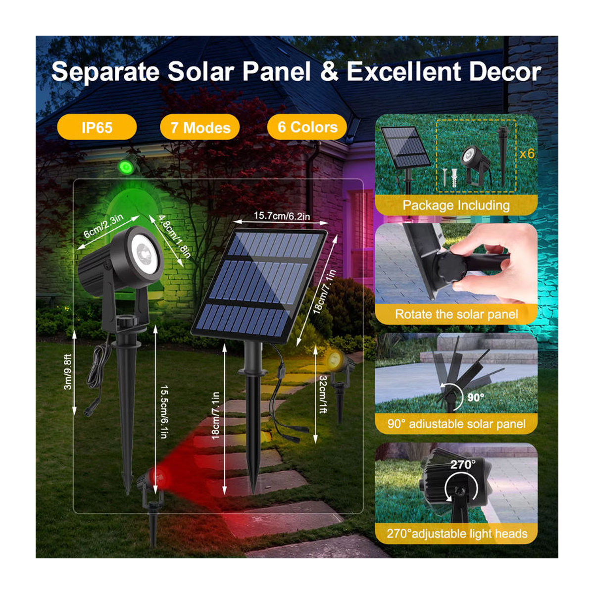 T-SUNRISE Solar Außenstrahler LED mit RGB/3000K/6000K Lichtmodi, IP65 Wasserdicht, Schwarz, Minimalistisches Design für Garten und Gehweg - Bild 3