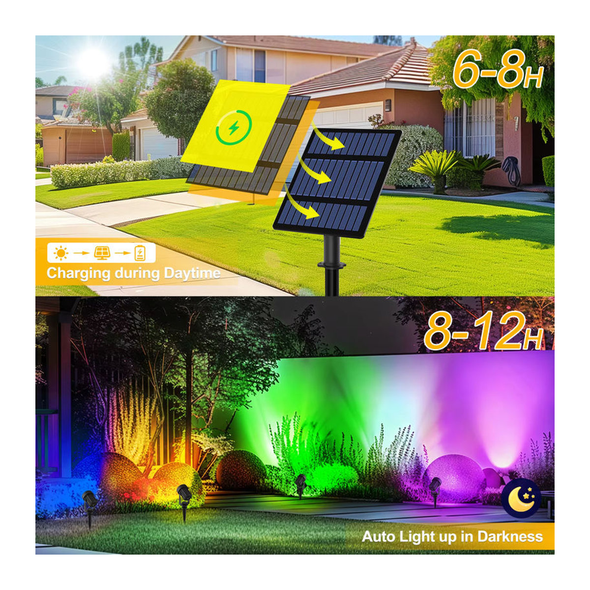 T-SUNRISE Solar Außenstrahler LED mit RGB/3000K/6000K Lichtmodi, IP65 Wasserdicht, Schwarz, Minimalistisches Design für Garten und Gehweg - Bild 5