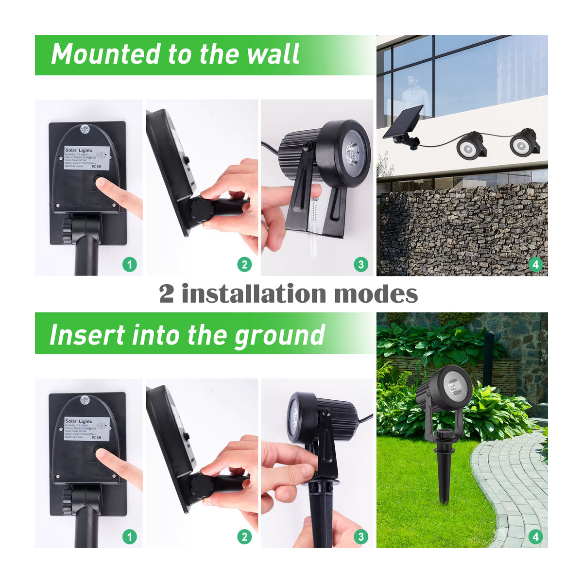 T-SUNRISE Solar LED Wandleuchte Outdoor IP65 Wasserdicht Modern Schwarz 3000K/6000K - Bild 6