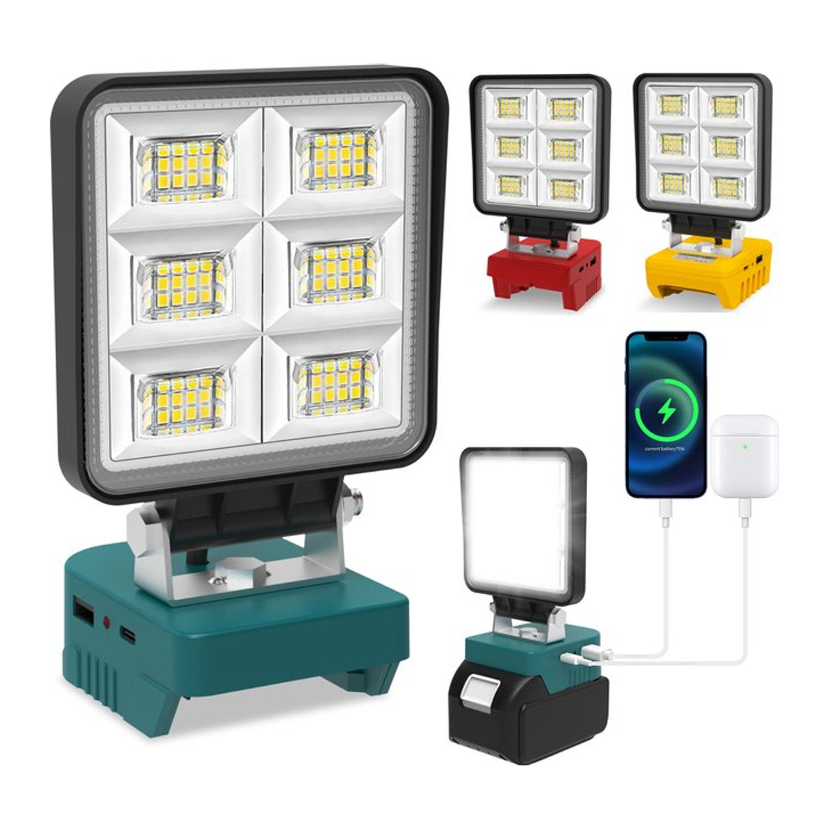 T-SUNRISE Tragbare 48W LED-Arbeitsleuchte mit verstellbarer Basis, wiederaufladbare LED-Flutlichtlampe kompatibel mit DeWalt, Milwaukee und Makita - Bild 1