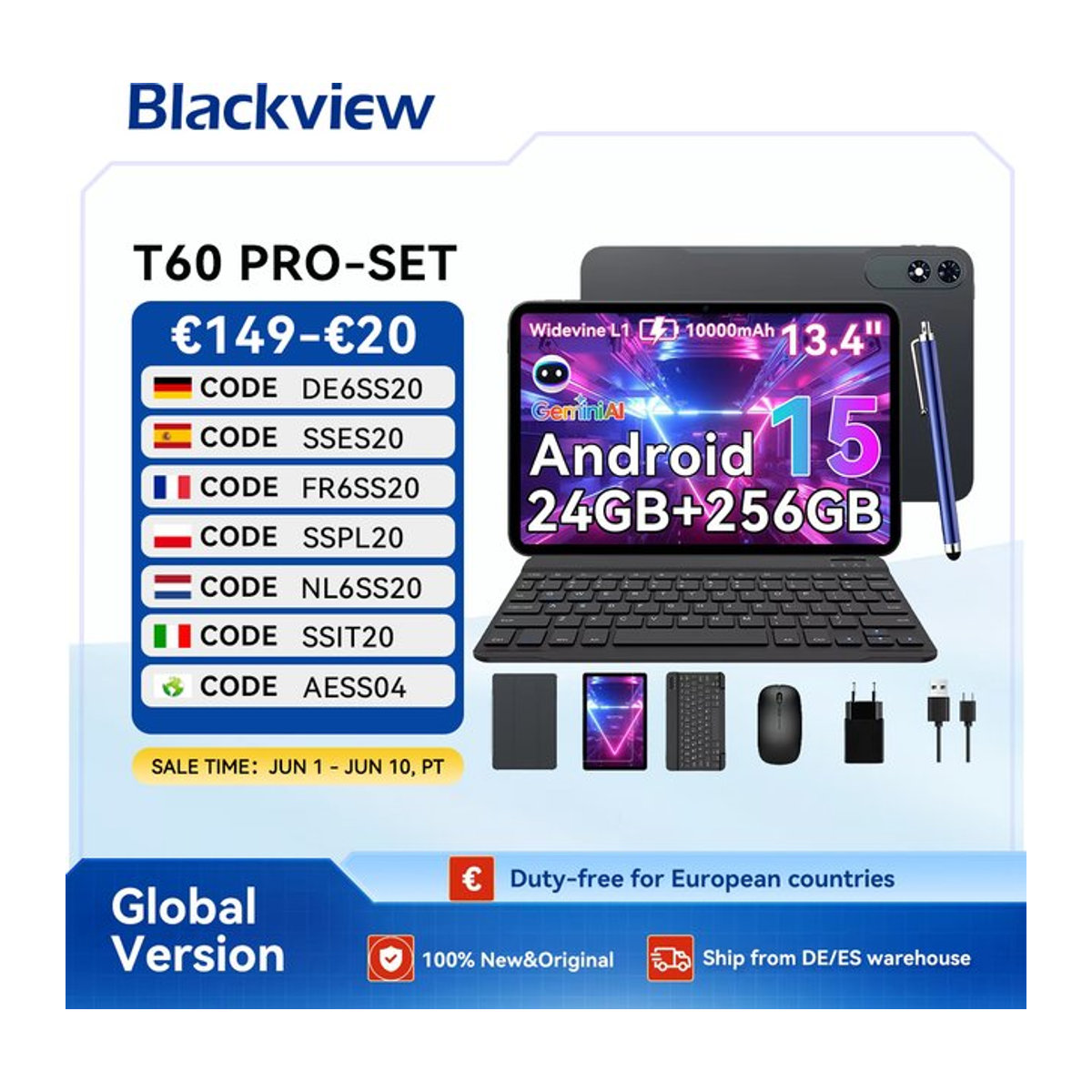 TABWEE T60 PRO Android 15 Tablet Schwarz mit Tastatur und Bluetooth-Maus, 13,4 Zoll, 8 GB RAM, 256 GB Speicher, 10.000 mAh Akku, 16 MP + 8 MP Kamera - Bild 1