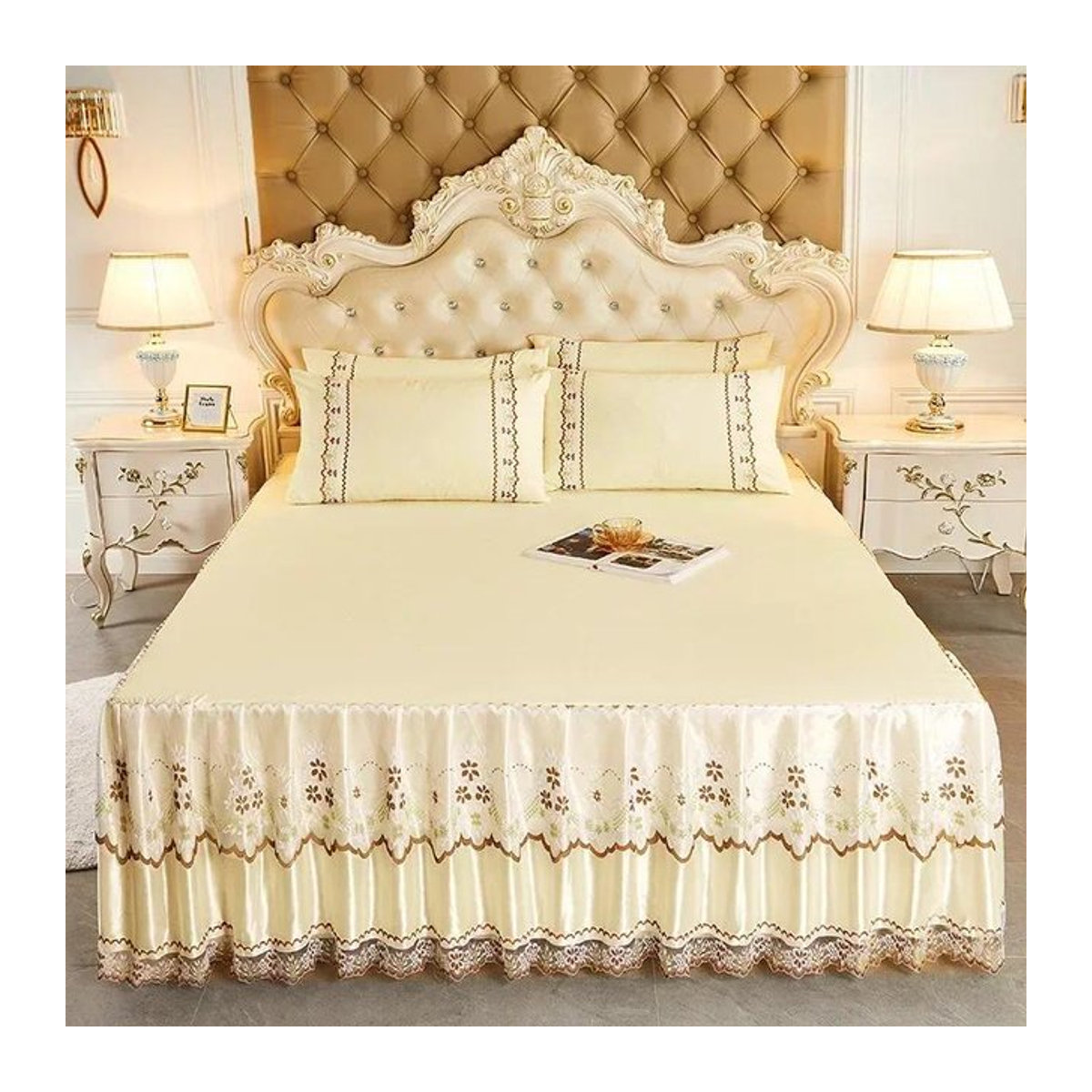 Tagesdecke im Prinzessinnen-Stil mit Spitze für King-Size und Queen-Size Betten, Farbe: Creme, B/T: 200 x 220 cm - Bild 1
