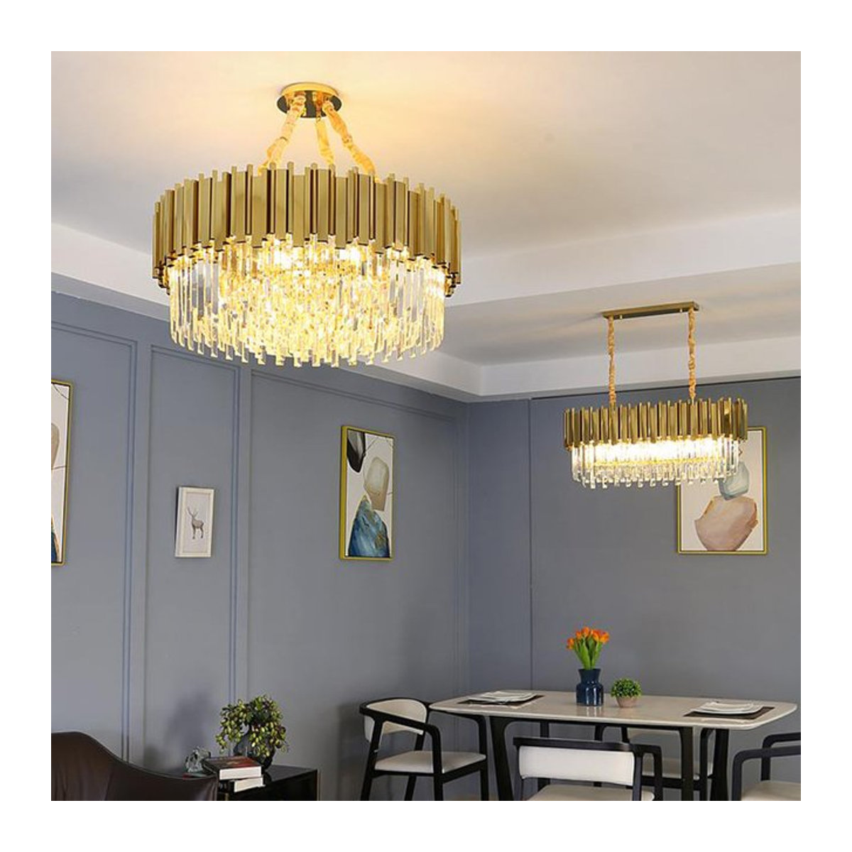 TAONUANSHU LED Kronleuchter aus Edelstahl und K9 Kristall in Gold mit Tricolor Beleuchtung für Wohnzimmer und Schlafzimmer - Bild 1