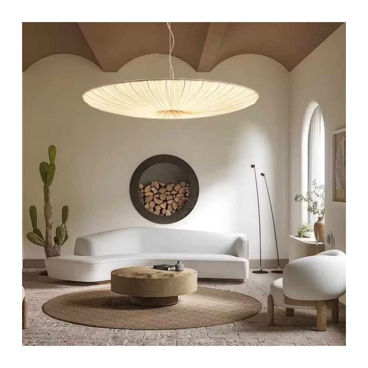 TAONUANSHU Wabi Sabi LED Stoff Pendelleuchte in Weiß, minimalistischer runder Kronleuchter für Wohnzimmer und Schlafzimmer - Bild 4