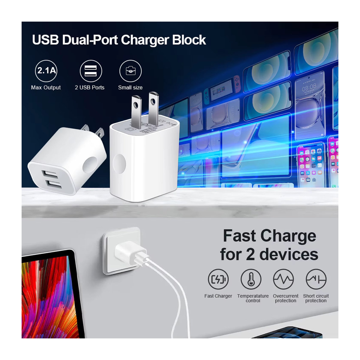 TAQKRED USB Dual Port Ladegerät 5V/2A Reise Adapter mit zwei USB-Anschlüssen in Weiß - Bild 3