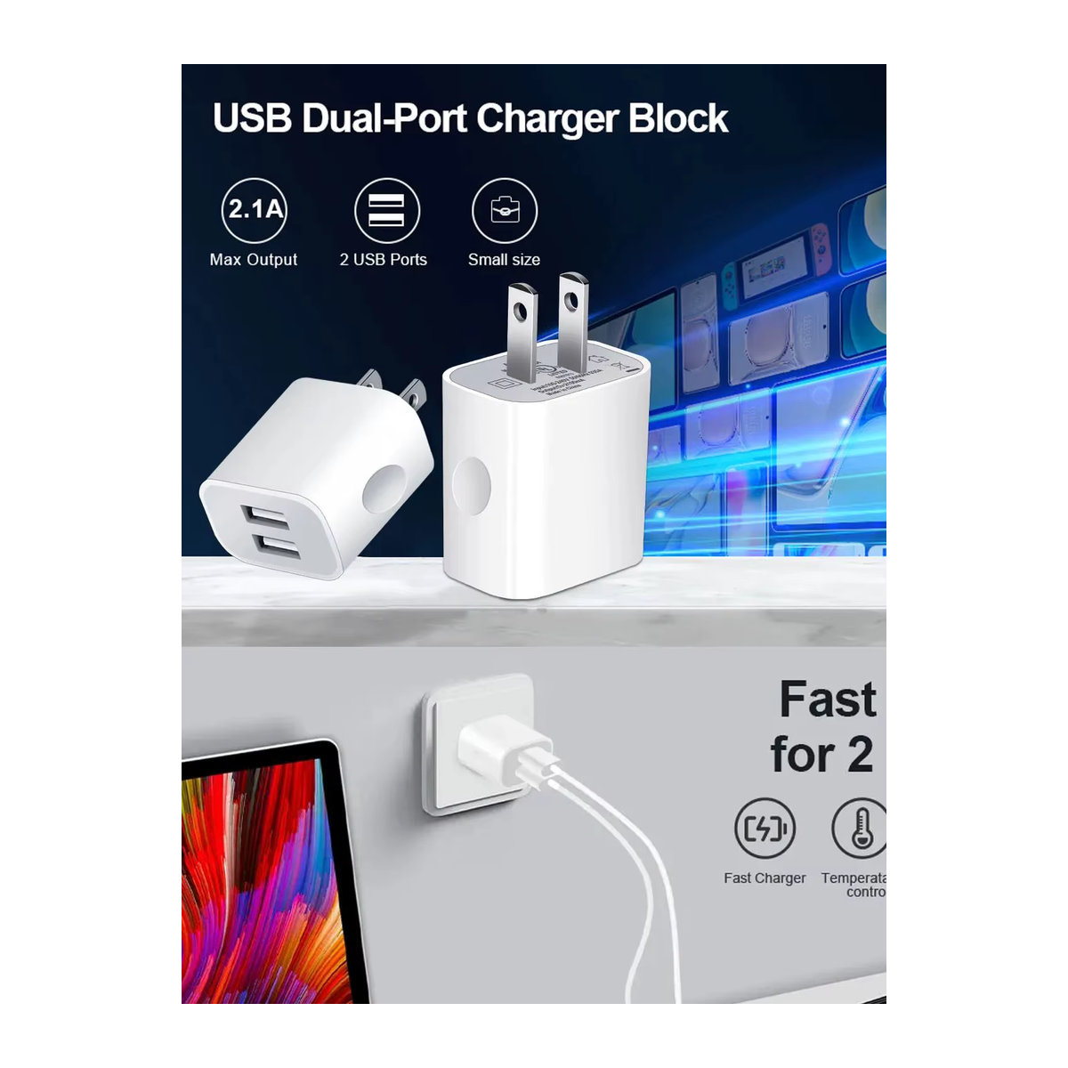 TAQKRED USB Dual Port Ladegerät 5V/2A Reise Adapter mit zwei USB-Anschlüssen in Weiß - Bild 4