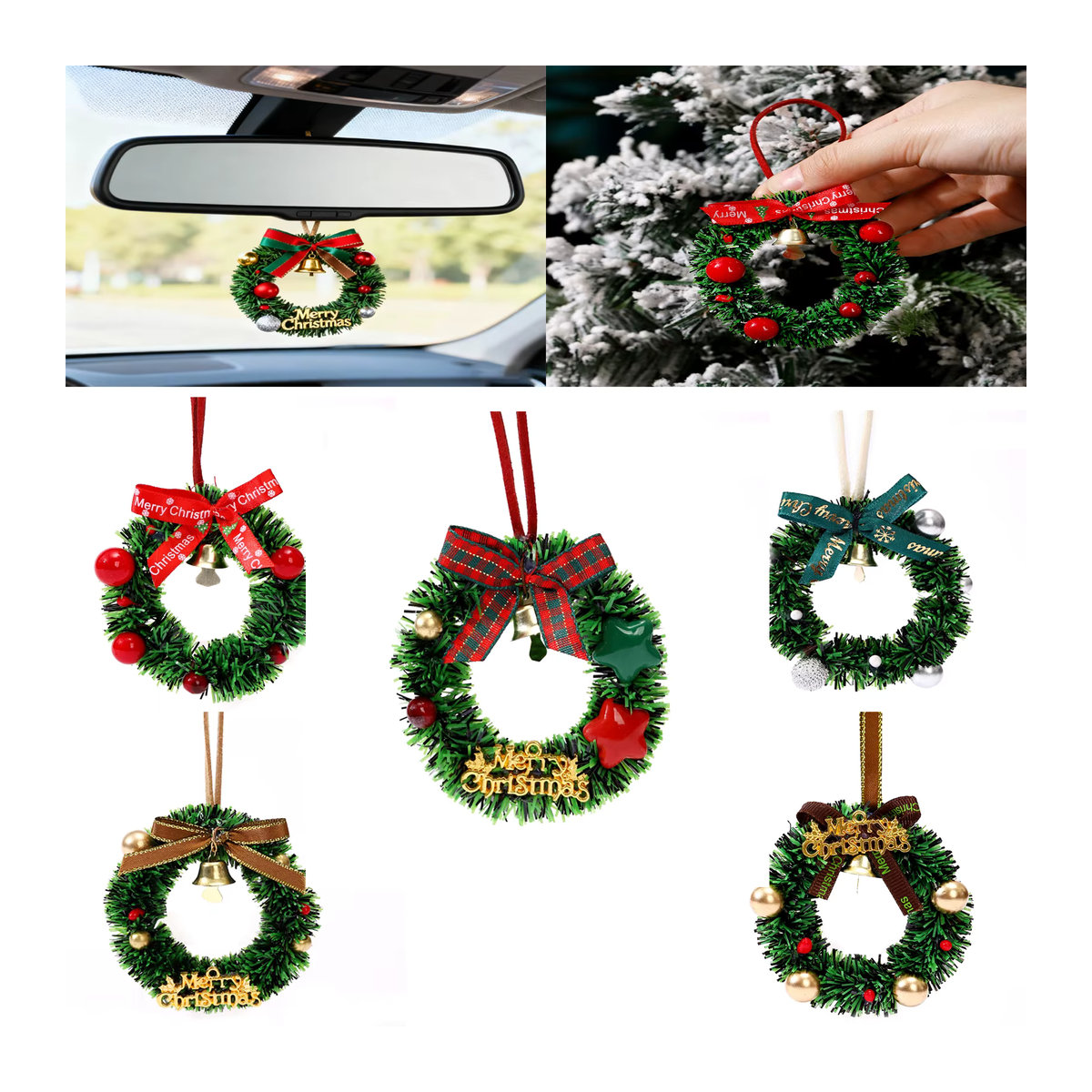 TCYATO1PCS Weihnachts-Hängeornament für den Auto-Rückspiegel mit Glocke, Mini-Kranz und Weihnachtsbaum in Mehrfarbig - Bild 2