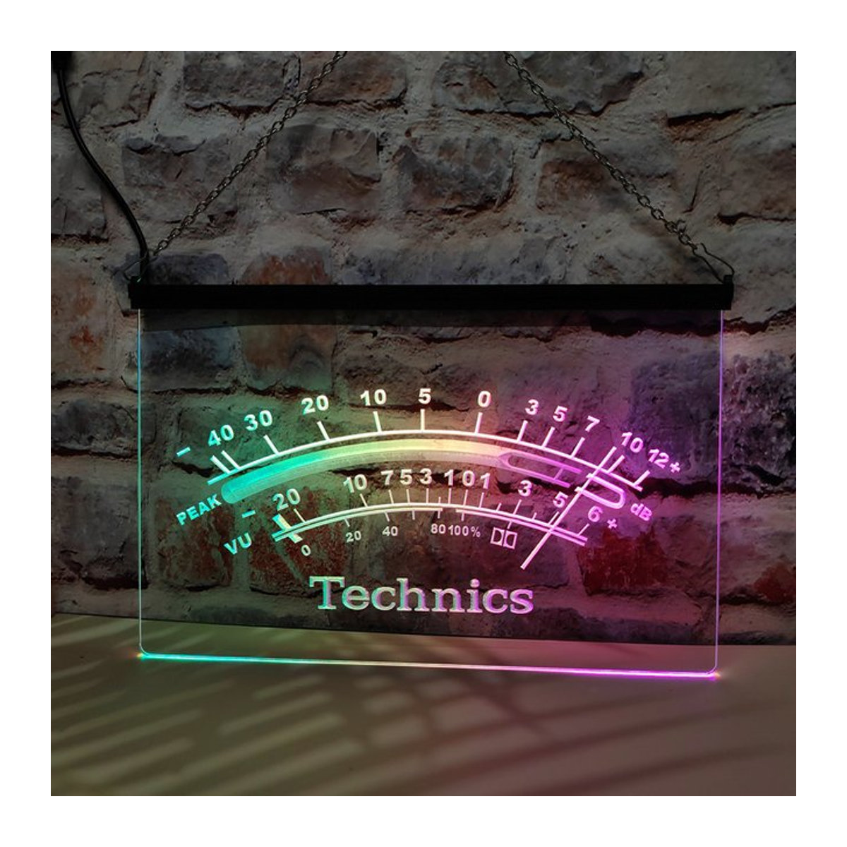Technics Peak VU dB LED-Neonschild in Mehrfarbig mit fließendem Effekt, rechteckig, hängend - Bild 1