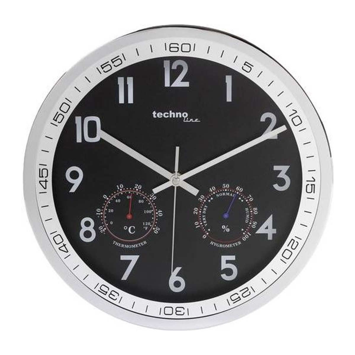 Techno Line WT 7981 Quarz Wanduhr mit Thermometer und Hygrometer, rund, Metall, Silber/Schwarz, Durchmesser: 30 cm, Tiefe: 5 cm - Bild 1