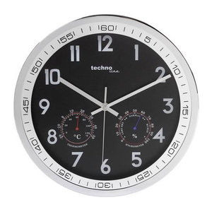 Techno Line WT 7981 Quarz Wanduhr mit Thermometer und Hygrometer, rund, Metall, Silber/Schwarz, Durchmesser: 30 cm, Tiefe: 5 cm