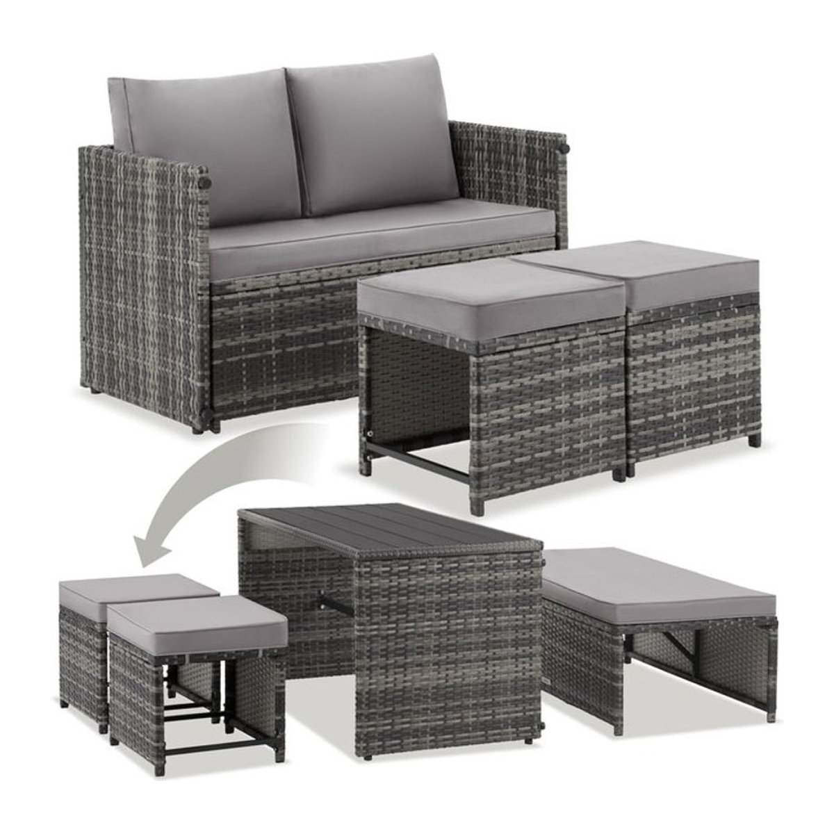 tectake 2-in-1 Rattanlounge-Set aus Polyrattan in Grau mit wasserabweisenden Polyesterbezügen - Bild 1