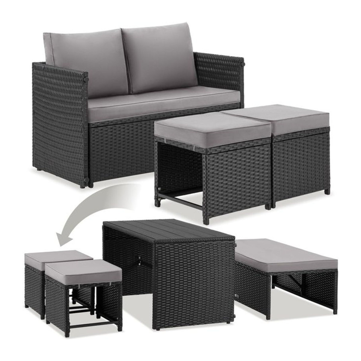 tectake 2-in-1 Rattanlounge-Set aus Polyrattan in Grau mit wasserabweisenden Polyesterbezügen - Bild 1
