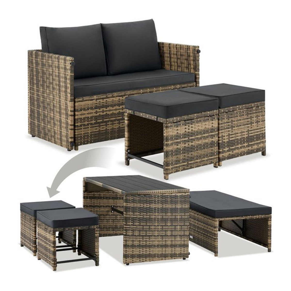 tectake 2-in-1 Rattanlounge-Set aus Polyrattan in Grau mit wasserabweisenden Polyesterbezügen - Bild 1