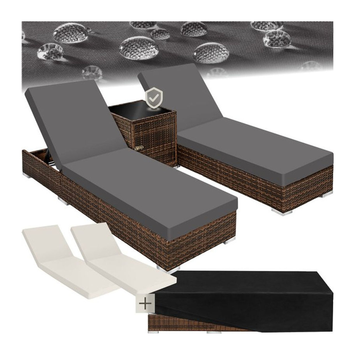 tectake 2er Set Gartenliegen aus Aluminium und Polyrattan in Braun inklusive Tisch mit Staufach, Bezugssets und Schutzhülle - Bild 1