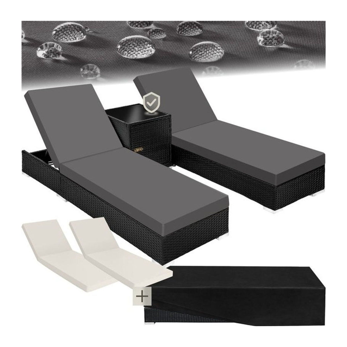 tectake 2er Set Gartenliegen aus Polyrattan und Aluminium in Grau inklusive Tisch mit Staufach, 2 Bezugssets und Schutzhülle - Bild 1