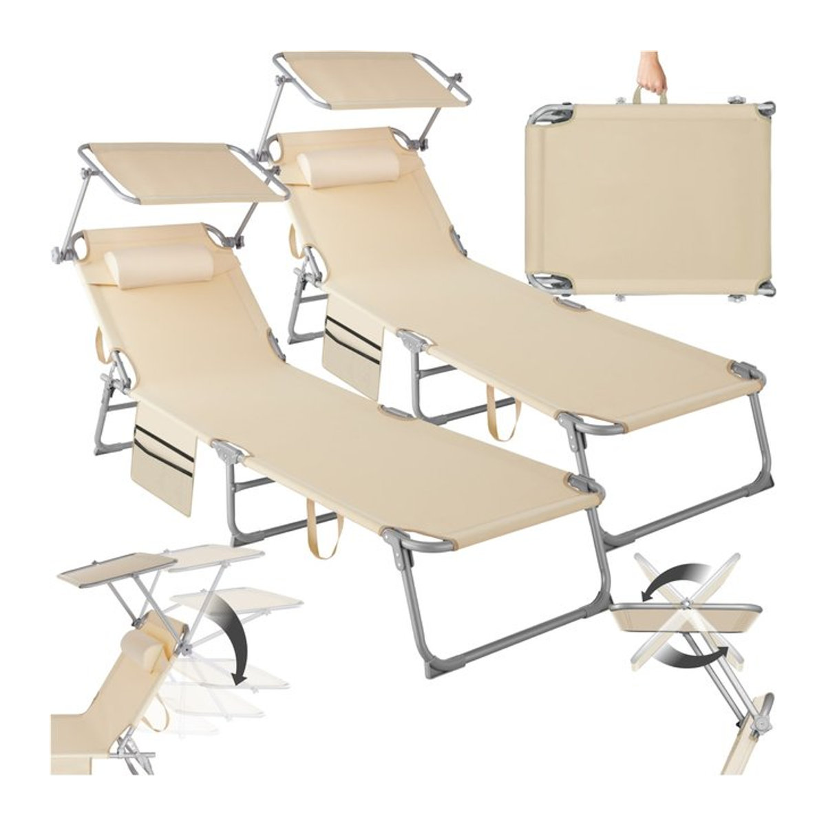tectake 2er Set klappbare Gartenliegen Beige mit 4-fach verstellbarer Rückenlehne, Kopfpolster und Seitentasche, B/T/H: 190 x 68 x 28 cm - Bild 1