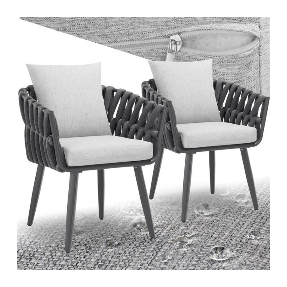 tectake 2er Set Stühle aus Aluminium im modernen Rope-Design mit dicker Polsterung in Grau, B/T/H: 61 x 60 x 73 cm - Bild 1