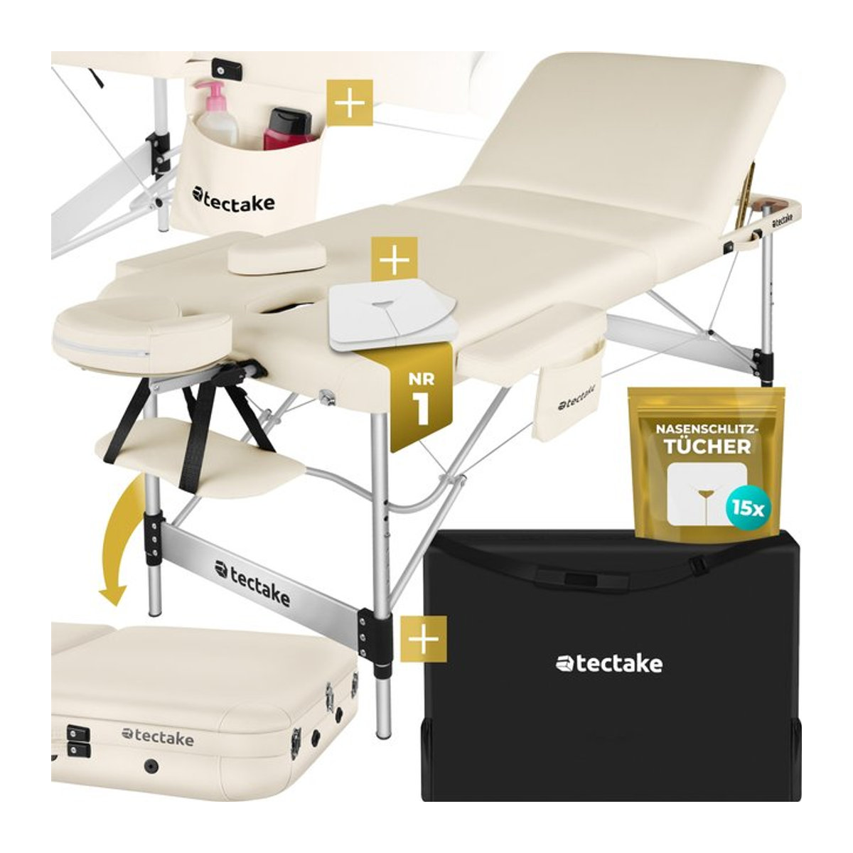 tectake 3 Zonen Massageliege mit Aluminiumgestell und 5 cm Polsterung in Cream, B/T/H: 212 x 108 x 90 cm, Breite: 78 cm - Bild 1
