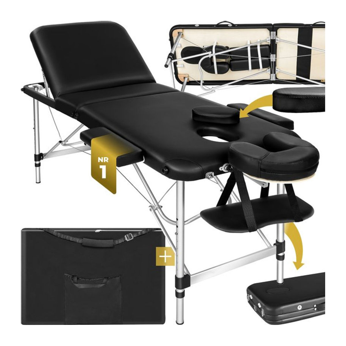 tectake 3 Zonen Massageliege mit Aluminiumgestell und Polsterung, Schwarz, H x B x T: 90 x 210 x 95 cm, Breite: 61 cm, Polsterung: 5 cm - Bild 1