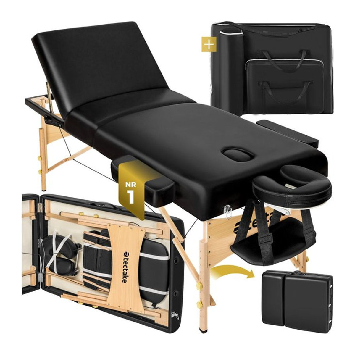 tectake 3 Zonen Massageliege mit Holzgestell und Polsterung in Schwarz, H x B x T: 90 x 102 x 218 cm, Breite: 70 cm, Polsterung: 7,5 cm - Bild 1