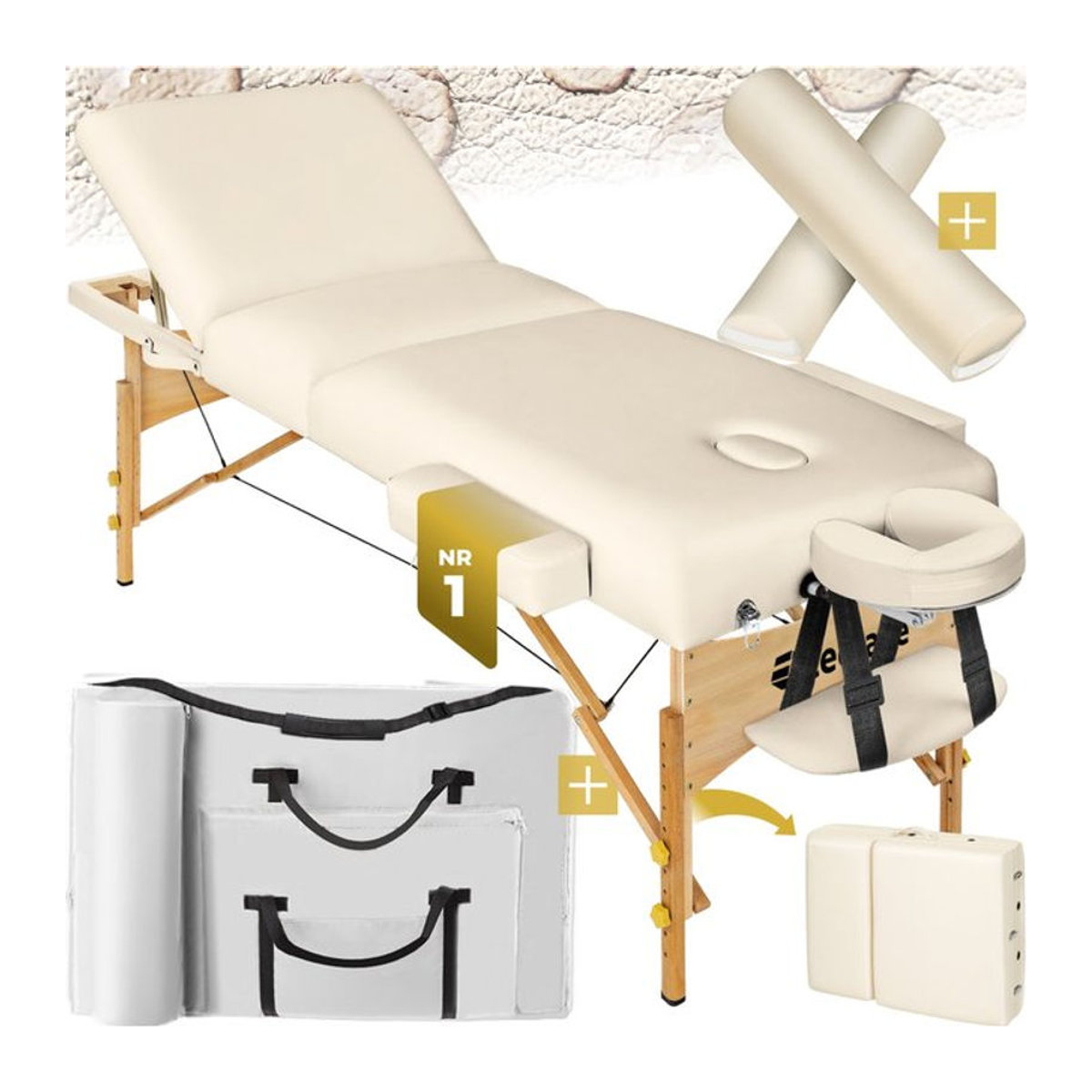tectake 3 Zonen Massageliege-Set in Beige mit Holzgestell und 7,5 cm Polsterung, B/T/H: 218 x 102 x 90 cm, Breite: 70 cm - Bild 1
