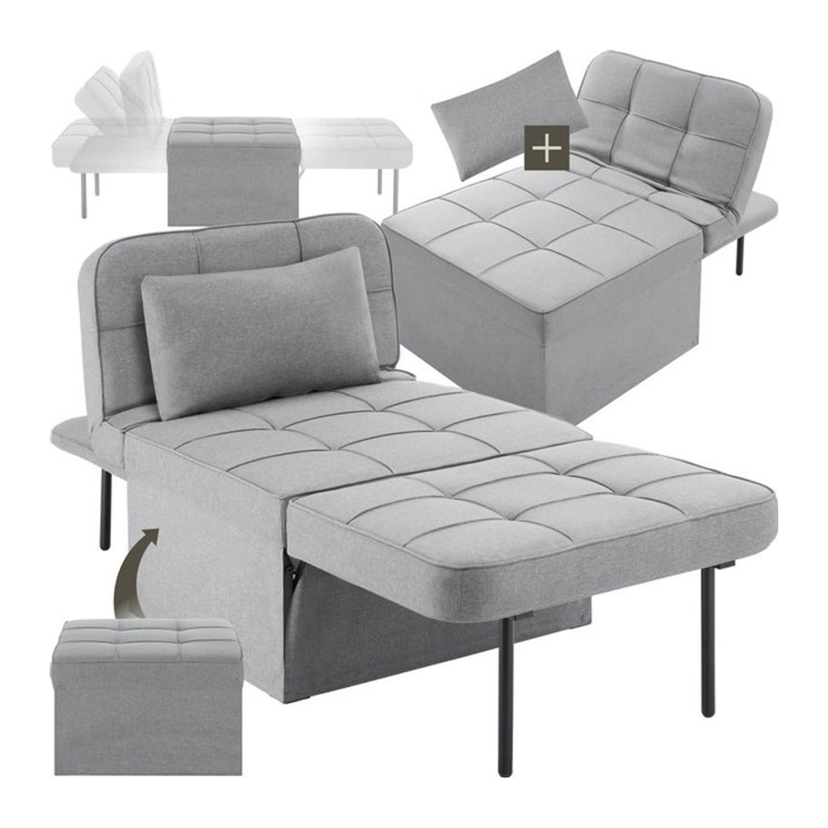 tectake 4 in 1 Schlafhocker als Sessel, Lounger oder Bett in Grau mit Stahlgestell und Stoffbezug - Bild 1