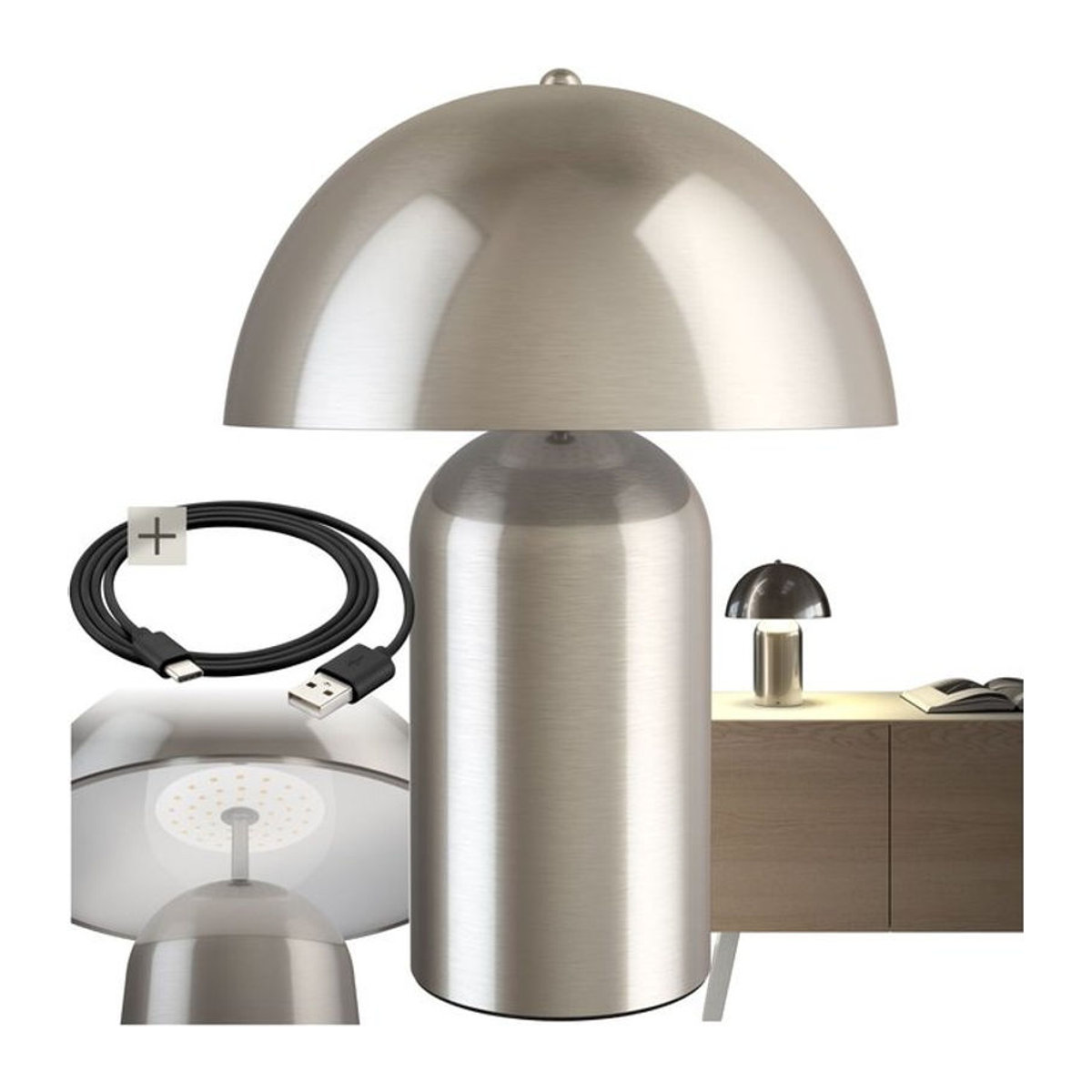 tectake® Akku-Tischlampe mit LED und Retro-Pilzdesign in Silber, B/T/H: 25 x 25 x 34 cm - Bild 1