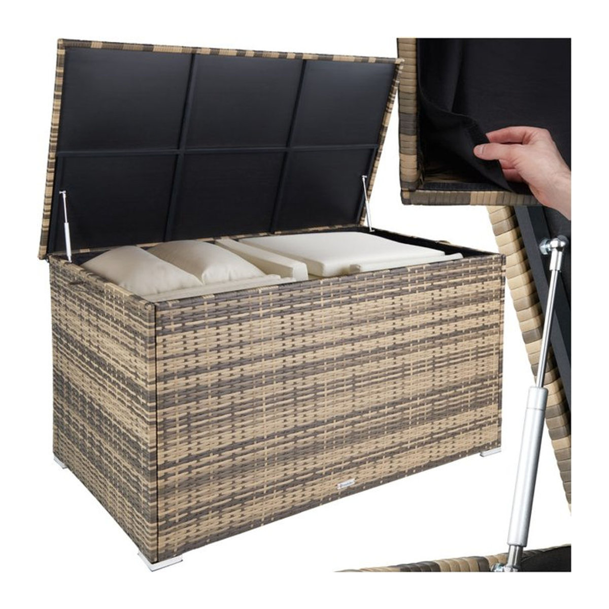 tectake Aluminium Auflagenbox mit Rattangeflecht und Hubautomatik, 750 l, B/T/H: 145 x 82,5 x 79,5 cm - Bild 1