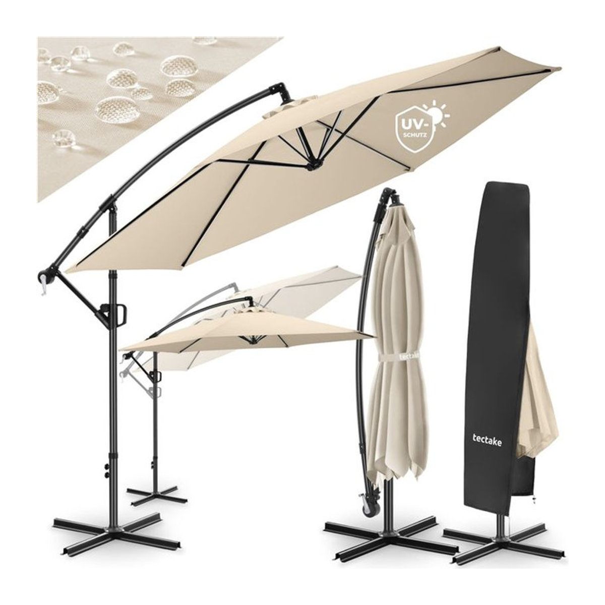 tectake Ampelschirm Beige, 3,5 x 3,5 m, 360 Grad drehbar mit Kurbelmechanismus und Schutzhülle - Bild 1