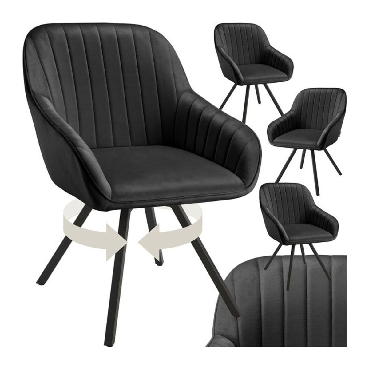 tectake Armlehnenstuhl in Samtoptik mit 360 Grad Drehbarkeit und Stahlbeinen, Schwarz, B/T/H: 58 x 58 x 82 cm - Bild 1