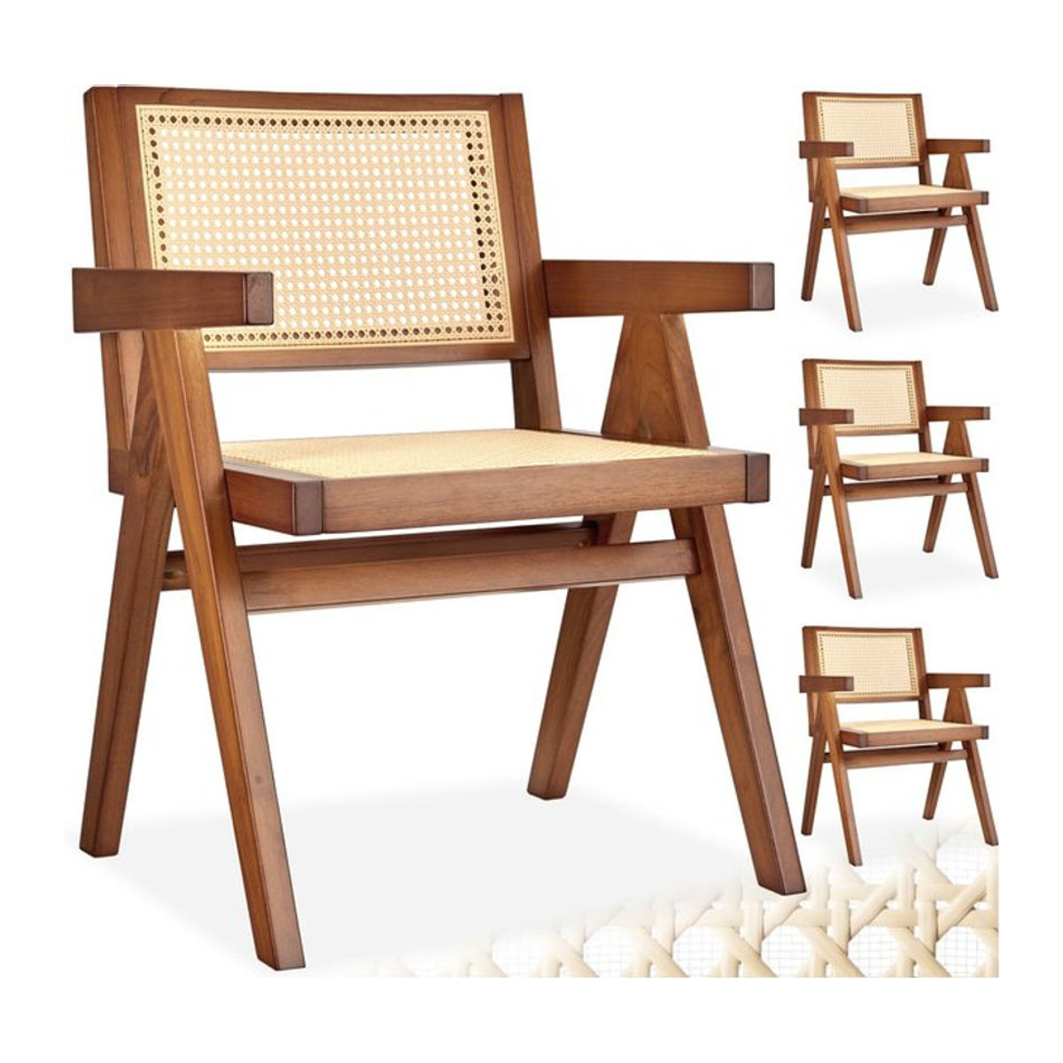 tectake Armlehnstuhl im Bohemian-Stil aus Massivholz und Rattan in Braun, B/T/H: 59 x 56,5 x 82,5 cm - Bild 1