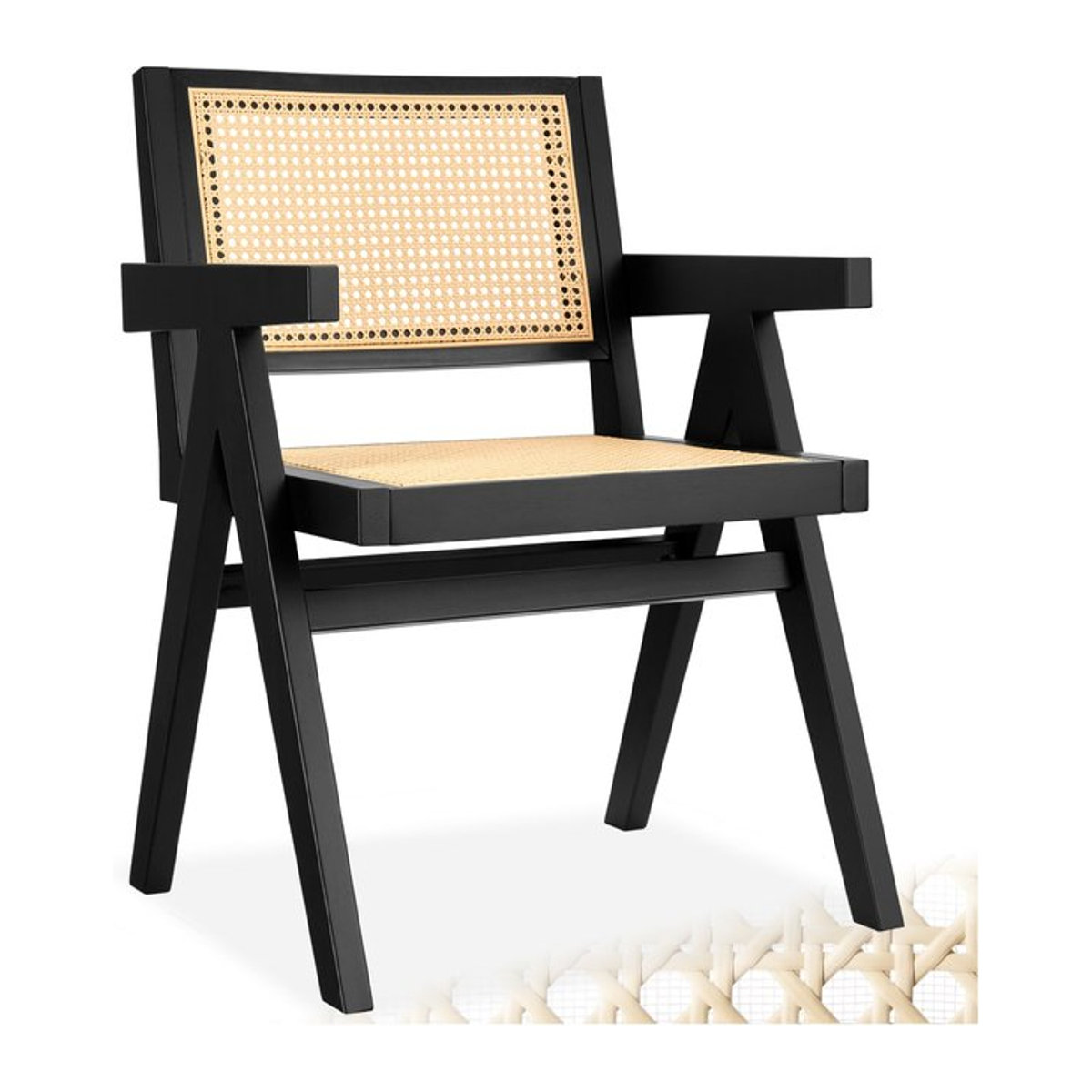 tectake Armlehnstuhl im Bohemian-Stil aus Massivholz und Rattan in Schwarz, B/T/H: 59 x 56,5 x 82,5 cm - Bild 1